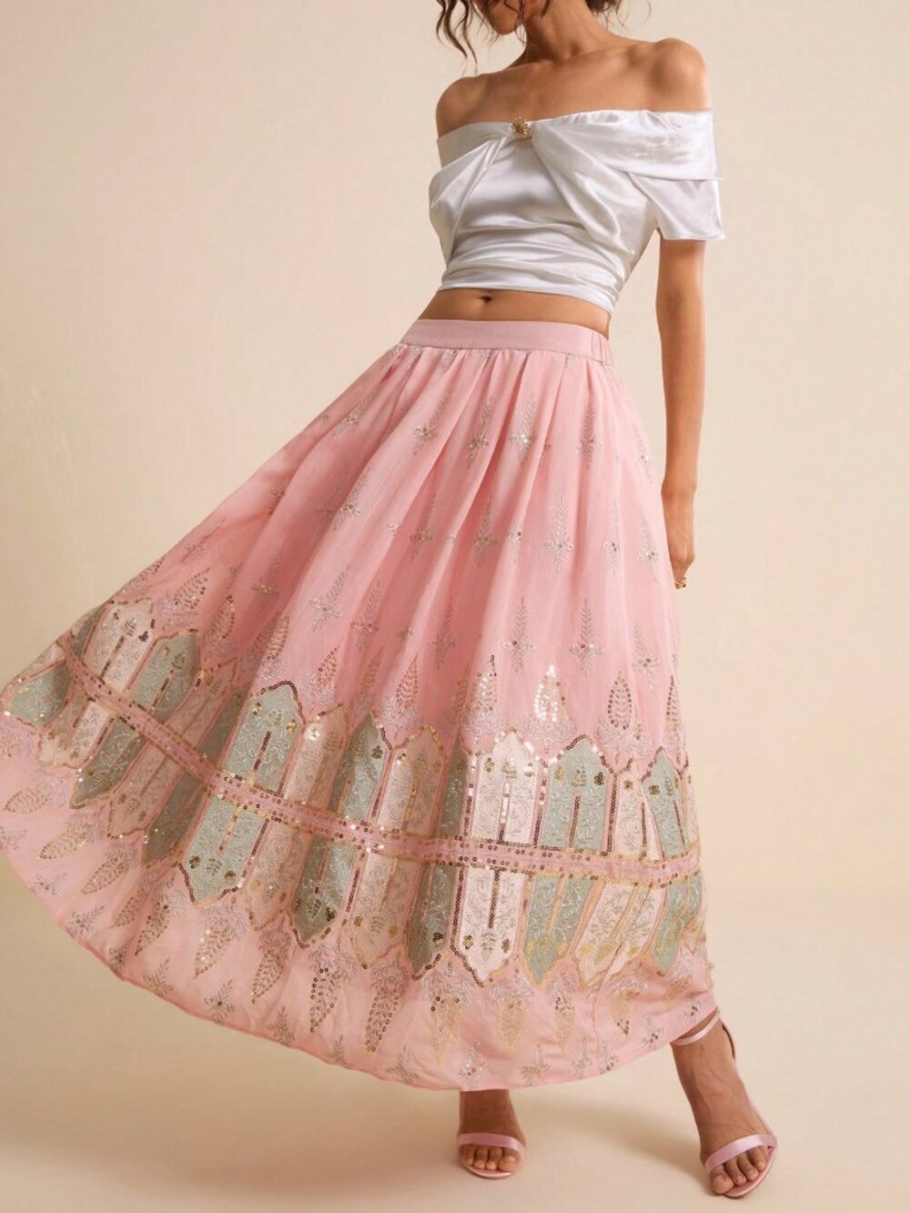 Pink Elegant Women's Chiffon Maxi Skirt With Bead And Thread Embroidery - Picture 3 of 6